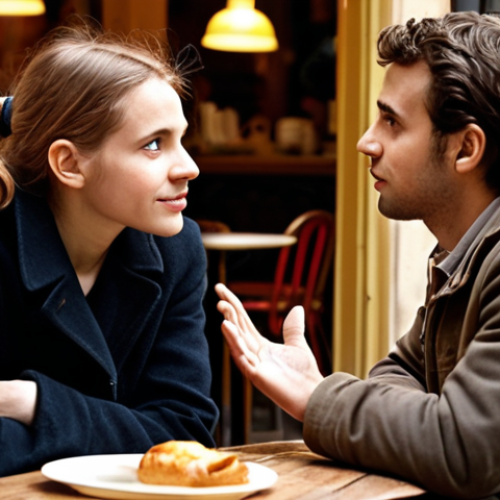 Home 23 ** Active listening scene. Two people engaged in conversation at a Parisian café. One person attentively listening with a nod, the other gesturing while speaking. Warm lighting, realistic style. Focus on empathy and connection.
**