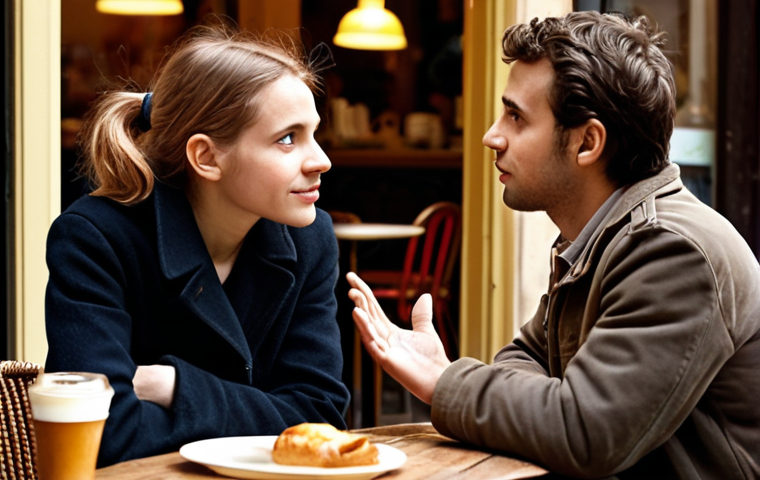 ** Active listening scene. Two people engaged in conversation at a Parisian café. One person attentively listening with a nod, the other gesturing while speaking. Warm lighting, realistic style. Focus on empathy and connection.
**