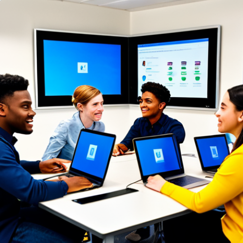 Home 22 A diverse group of young adults, fully clothed in professional, modest attire, actively collaborating in a bright, modern digital classroom. They are seated at a large collaborative table with multiple laptops and an interactive wall screen displaying educational content. Their expressions show engagement and teamwork. Perfect anatomy, correct proportions, natural pose, well-formed hands, proper finger count. Professional photography, high quality, safe for work, appropriate content, family-friendly.