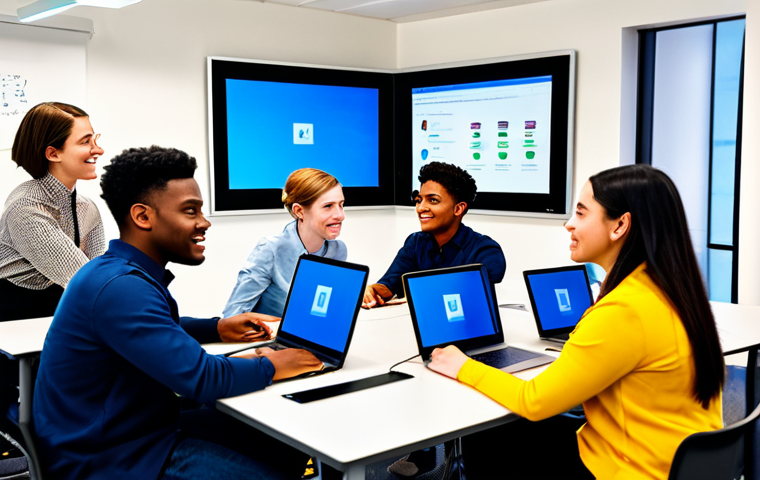 A diverse group of young adults, fully clothed in professional, modest attire, actively collaborating in a bright, modern digital classroom. They are seated at a large collaborative table with multiple laptops and an interactive wall screen displaying educational content. Their expressions show engagement and teamwork. Perfect anatomy, correct proportions, natural pose, well-formed hands, proper finger count. Professional photography, high quality, safe for work, appropriate content, family-friendly.