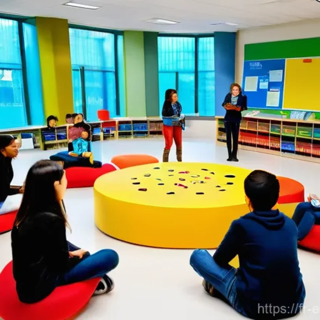 소통 활성화를 위한 교수자의 역할 - **A vibrant, modern classroom transformed into an interactive learning hub.** Students, aged 13-16, ...