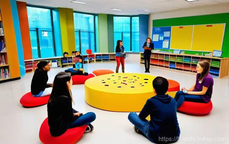 소통 활성화를 위한 교수자의 역할 - **A vibrant, modern classroom transformed into an interactive learning hub.** Students, aged 13-16, ...