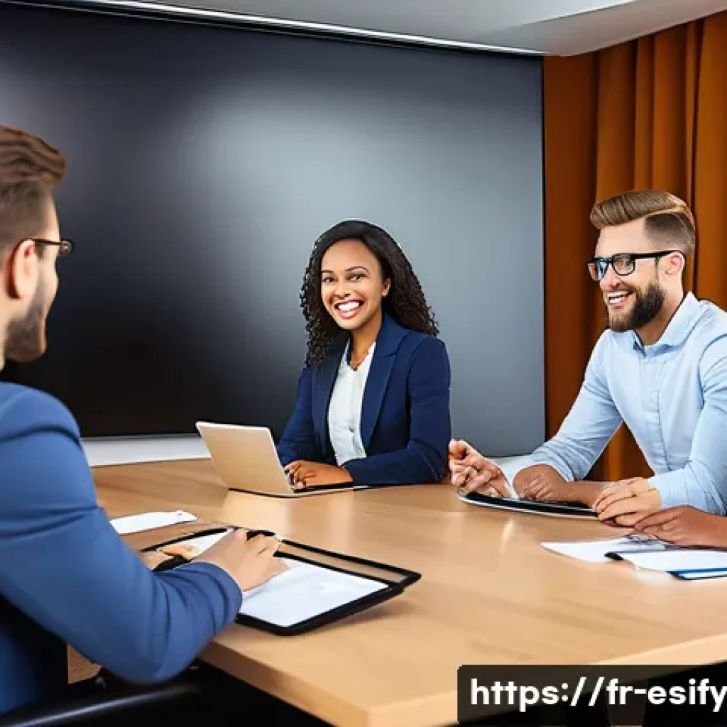 사례 연구를 통한 소통 효과 분석 - A modern business meeting room scene showing a diverse group of professionals engaged in a video con...