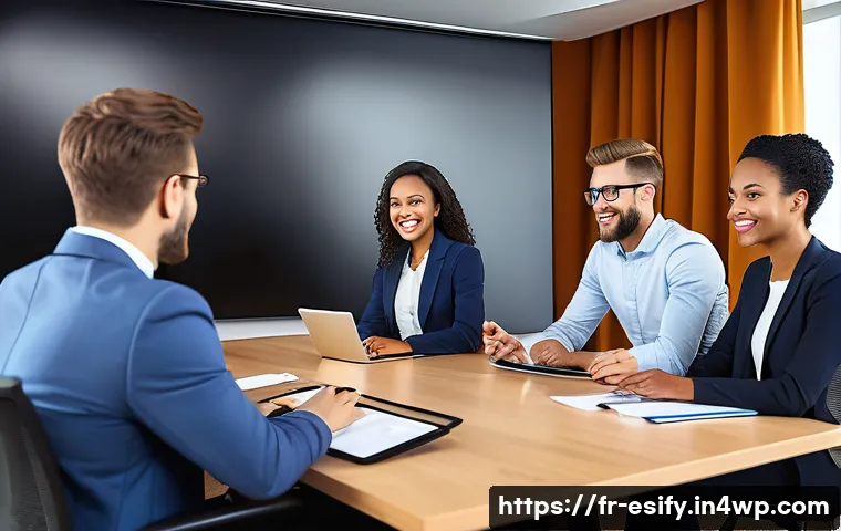 사례 연구를 통한 소통 효과 분석 - A modern business meeting room scene showing a diverse group of professionals engaged in a video con...