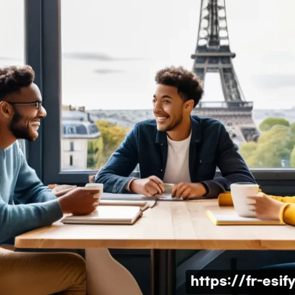 소통 방식을 통한 학습 성과 향상 방법 - A diverse group of young adults sitting around a modern study table in a bright, cozy Parisian-style...