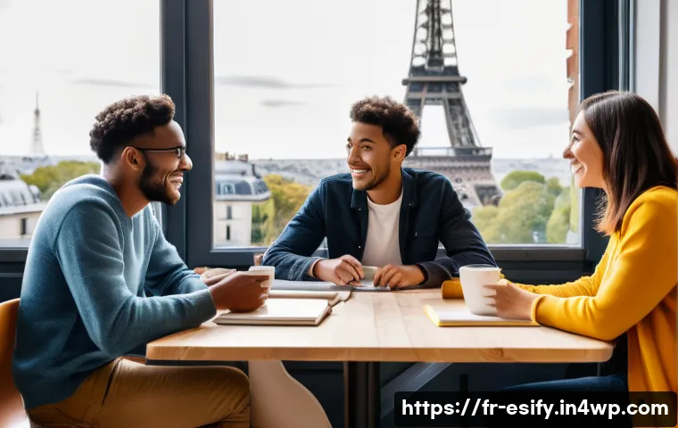 소통 방식을 통한 학습 성과 향상 방법 - A diverse group of young adults sitting around a modern study table in a bright, cozy Parisian-style...