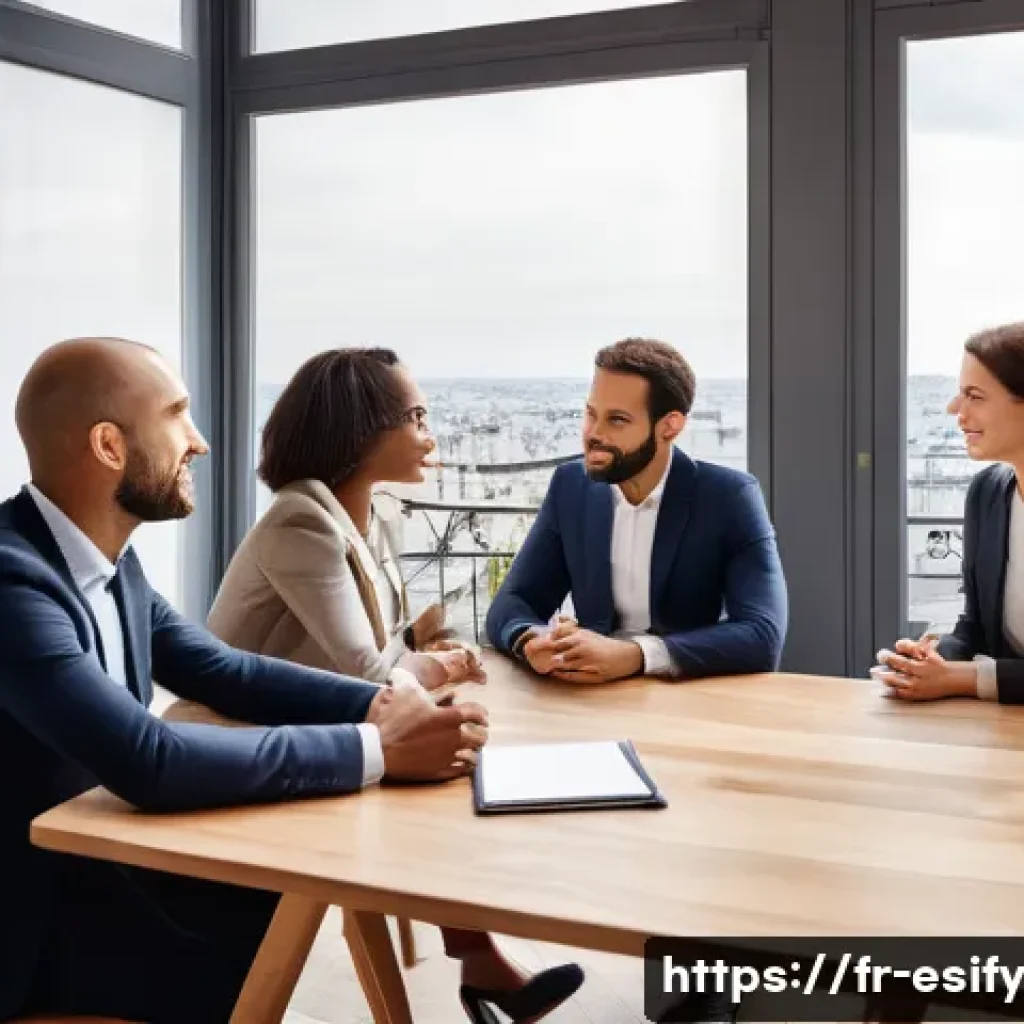 다양한 소통 방식의 효과 비교 - A warm, professional office scene showing a diverse group of French business colleagues engaged in a...