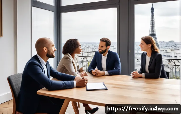 다양한 소통 방식의 효과 비교 - A warm, professional office scene showing a diverse group of French business colleagues engaged in a...