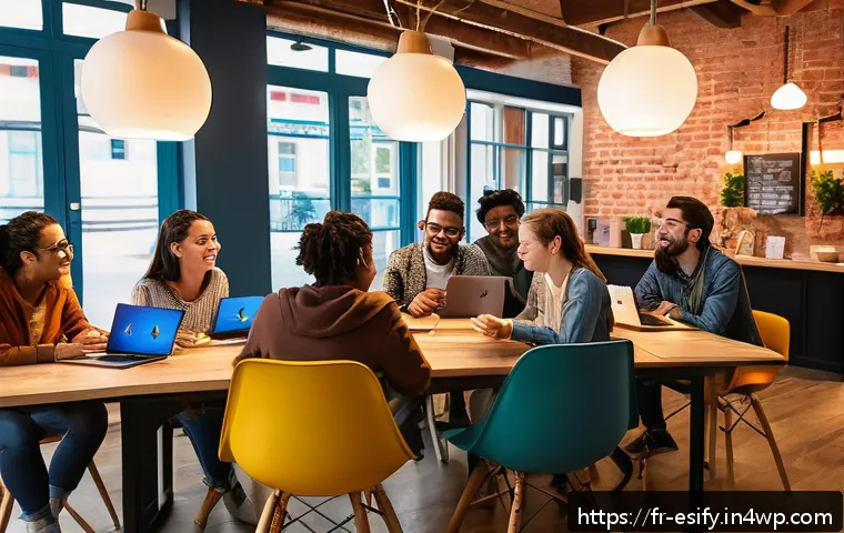 디지털 도구를 활용한 참여 촉진법 - A vibrant social media community scene featuring diverse young adults engaging enthusiastically with...