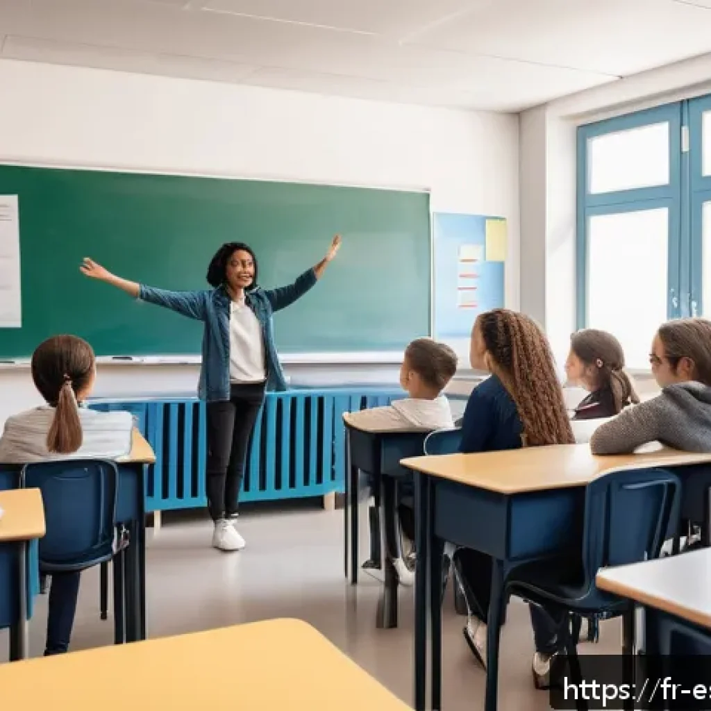 학습자 참여를 위한 소통 전략의 중요성 - A warm and welcoming classroom scene in a modern French high school, where a diverse group of attent...