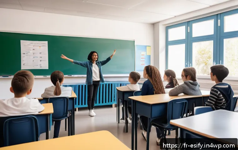 학습자 참여를 위한 소통 전략의 중요성 - A warm and welcoming classroom scene in a modern French high school, where a diverse group of attent...
