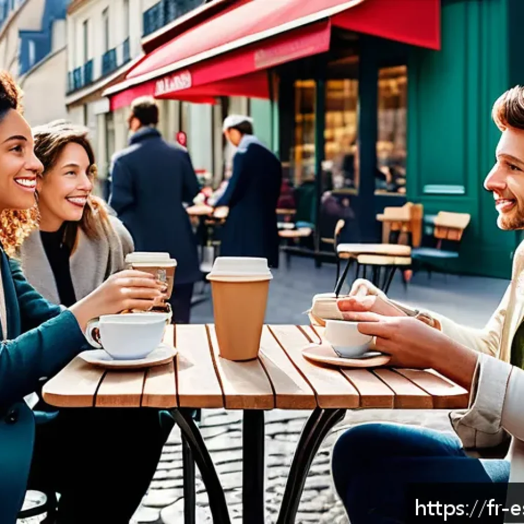 효과적인 질문 기법으로 참여 유도하기 - A vibrant French café terrace scene in Paris during a sunny afternoon, diverse group of people engag...