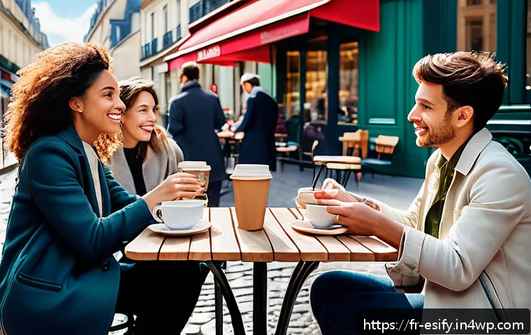 효과적인 질문 기법으로 참여 유도하기 - A vibrant French café terrace scene in Paris during a sunny afternoon, diverse group of people engag...