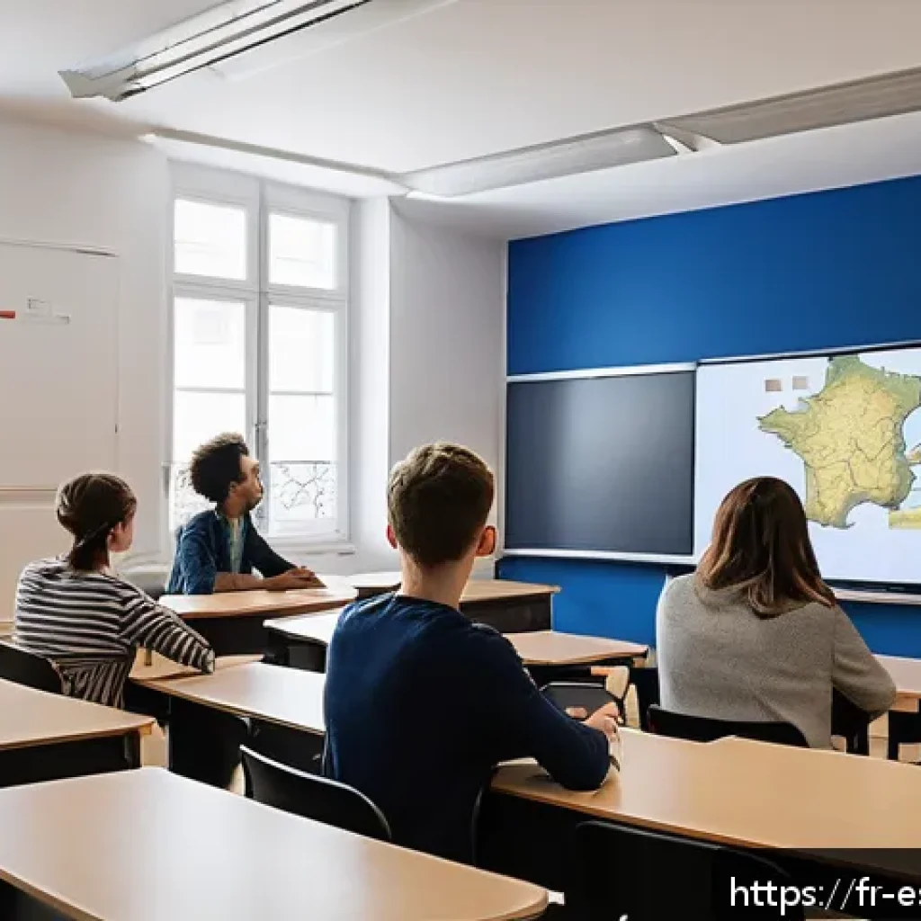 학습자 참여를 위한 참여적 소통 모델 - A modern classroom scene in France with diverse young adult students actively participating in a liv...