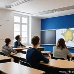 학습자 참여를 위한 참여적 소통 모델 - A modern classroom scene in France with diverse young adult students actively participating in a liv...