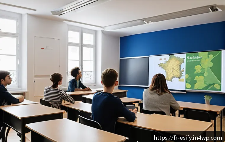 학습자 참여를 위한 참여적 소통 모델 - A modern classroom scene in France with diverse young adult students actively participating in a liv...