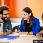 질문을 통한 학습자 참여 증대 방안 - A diverse group of adult learners in a modern, bright French classroom setting, engaged in an intera...