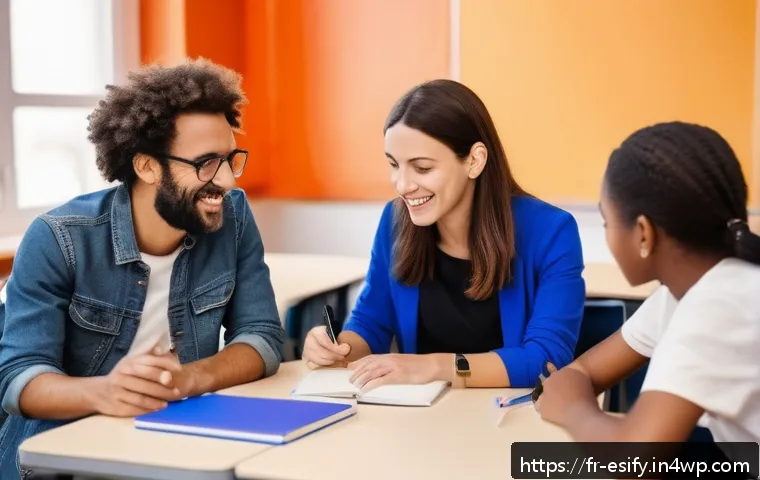 질문을 통한 학습자 참여 증대 방안 - A diverse group of adult learners in a modern, bright French classroom setting, engaged in an intera...